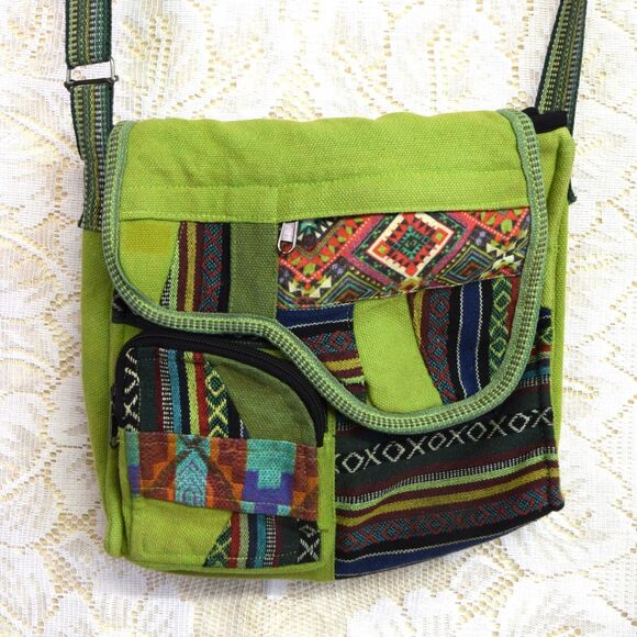 Patchwork Hippie Crossbody Purse Kathmandu Imports Nepal Cotton Green Indie Boho - Picture 2 of 11